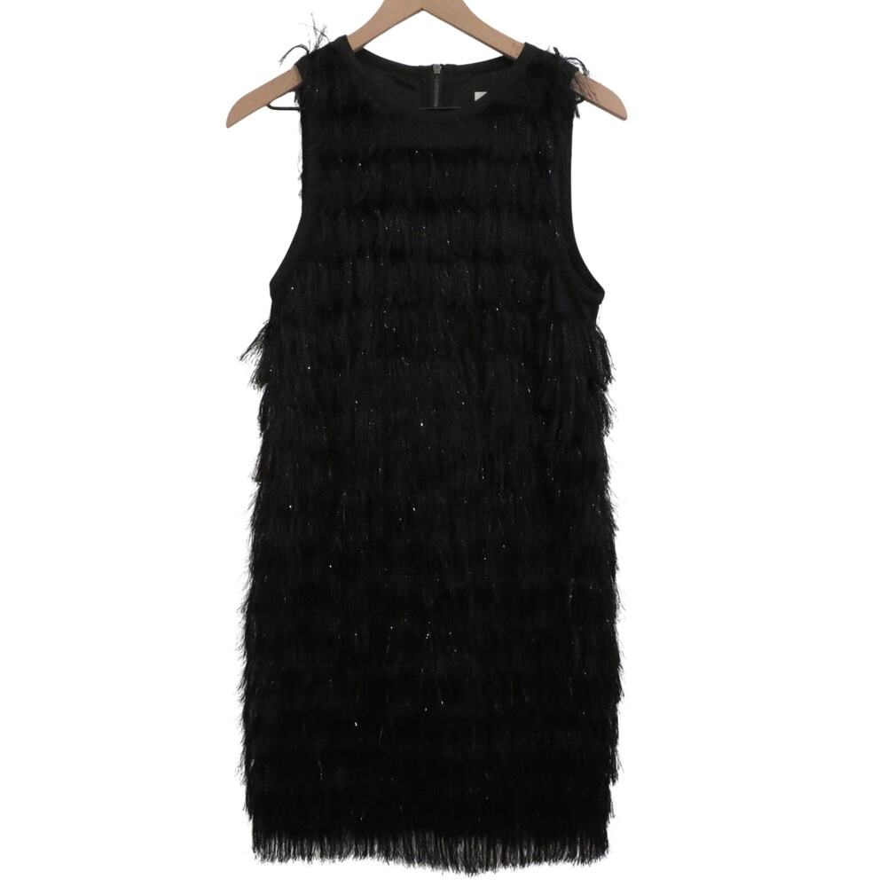 Avec Les Filles Black Dress Women Sz 8 Sleeveless Metallic Fringe Cocktail Party